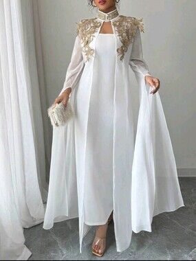 Embroidered White Cape Dress with Gold Appliqué